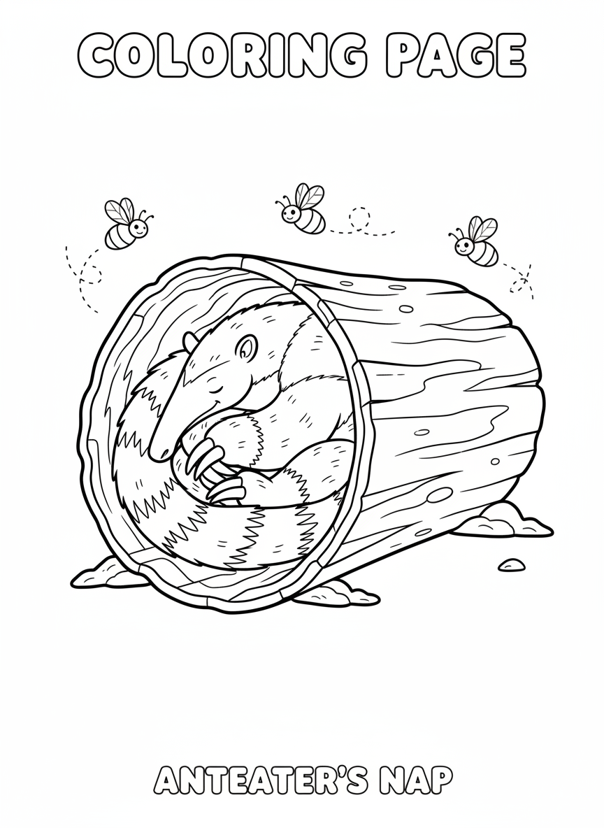 Sleeping Anteater in Log Coloring Page for Kids