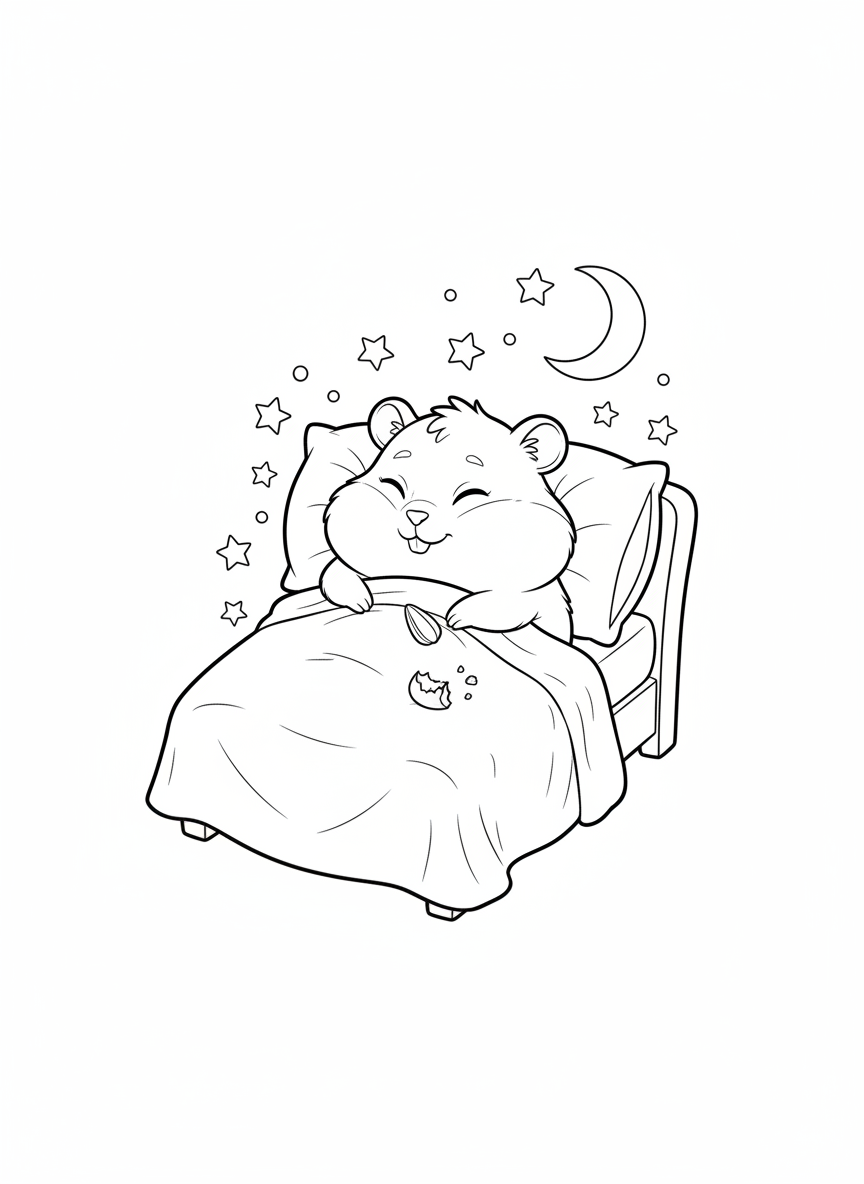 Sleeping Hamster & Stars Coloring Page