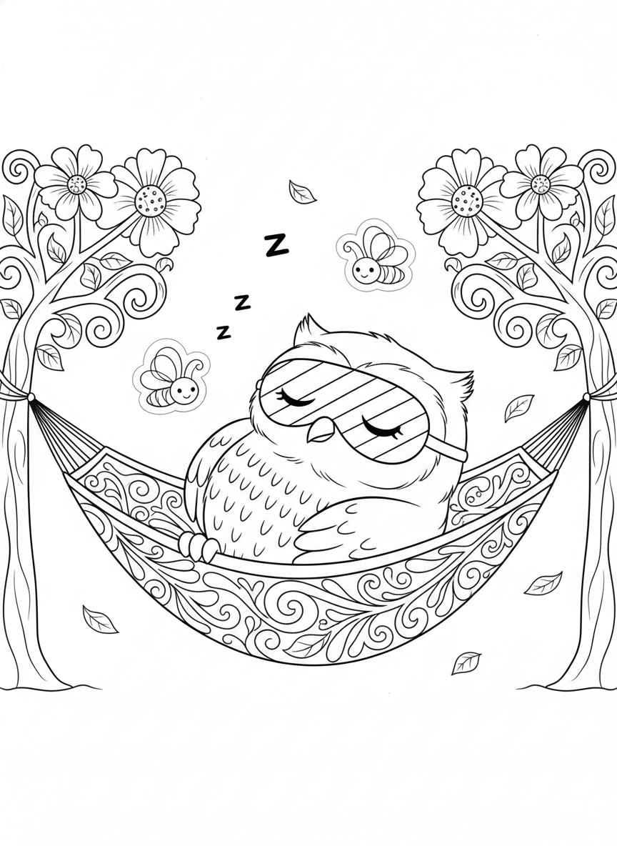 Sleeping Owl in Hammock Coloring Page