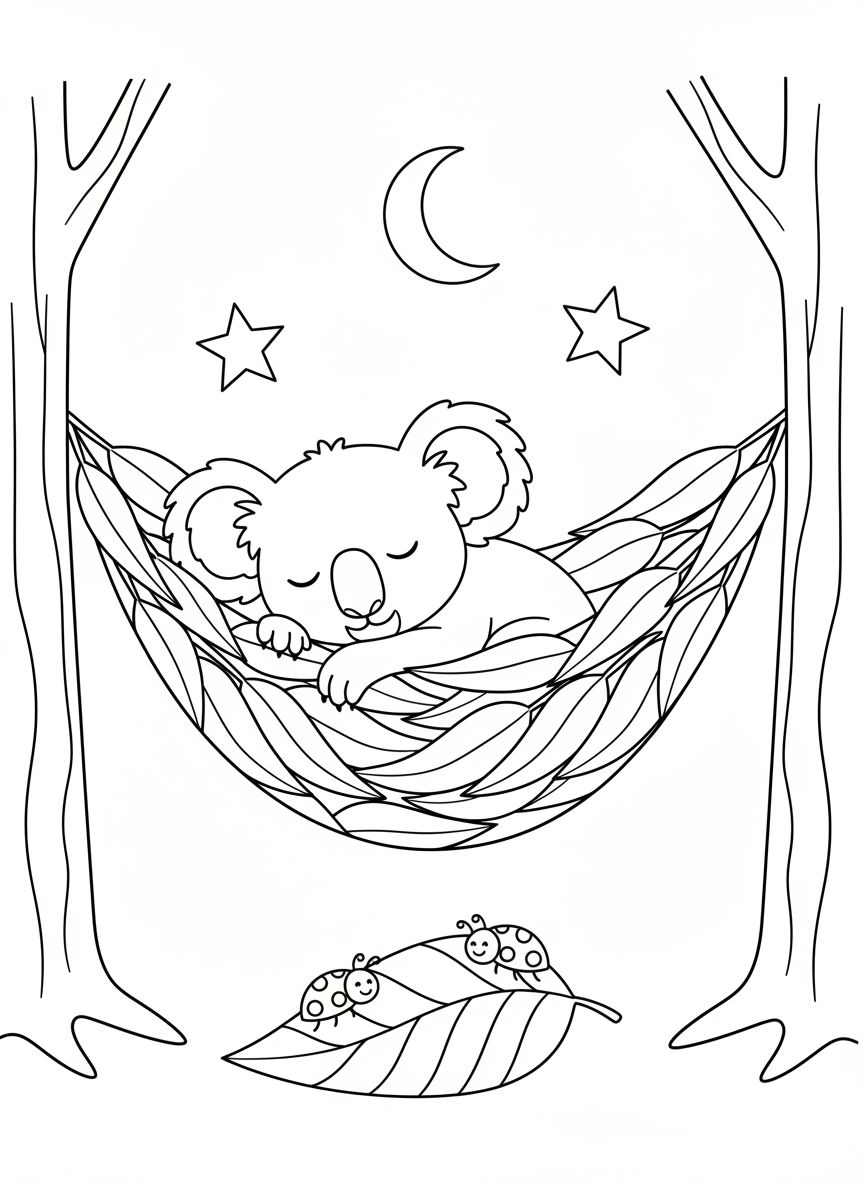 Sleepy Koala in Eucalyptus Hammock Coloring Page