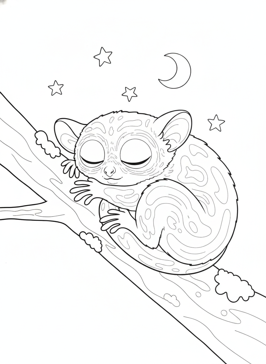 Sleepy Tarsier Dream Coloring Page for Kids