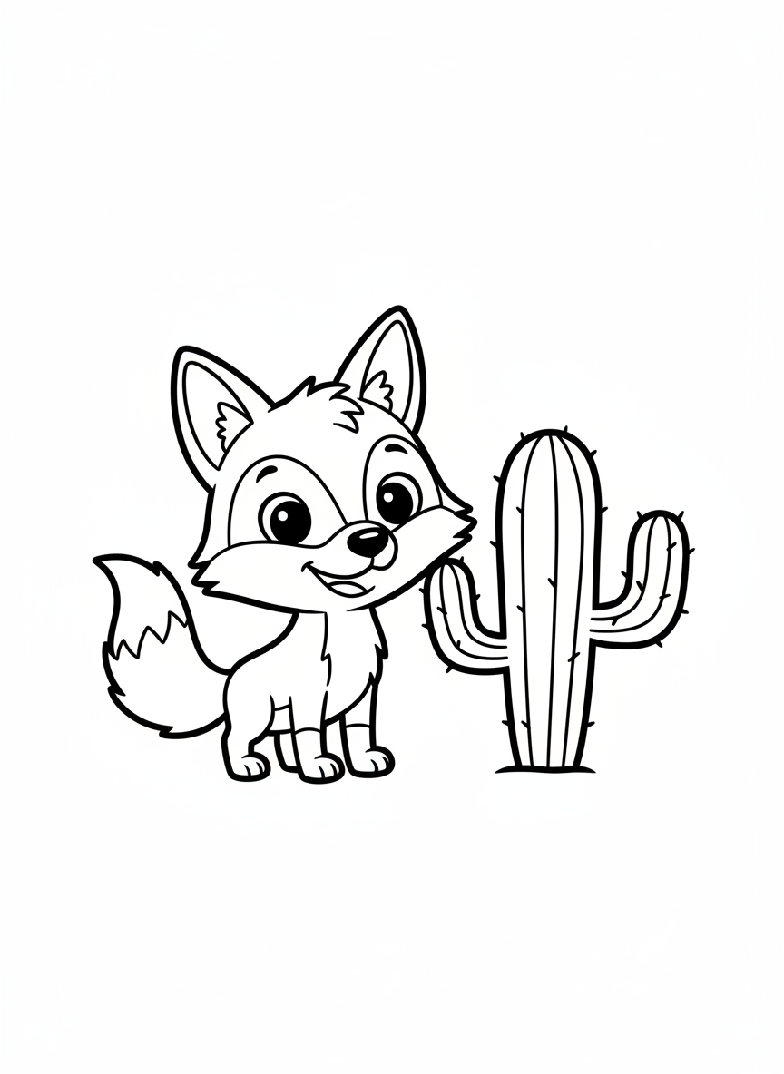 Smiling Coyote & Saguaro Cactus Coloring Page