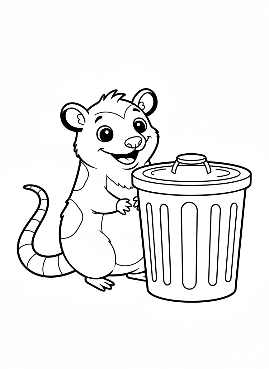 Smiling Opossum & Trash Can Coloring Page