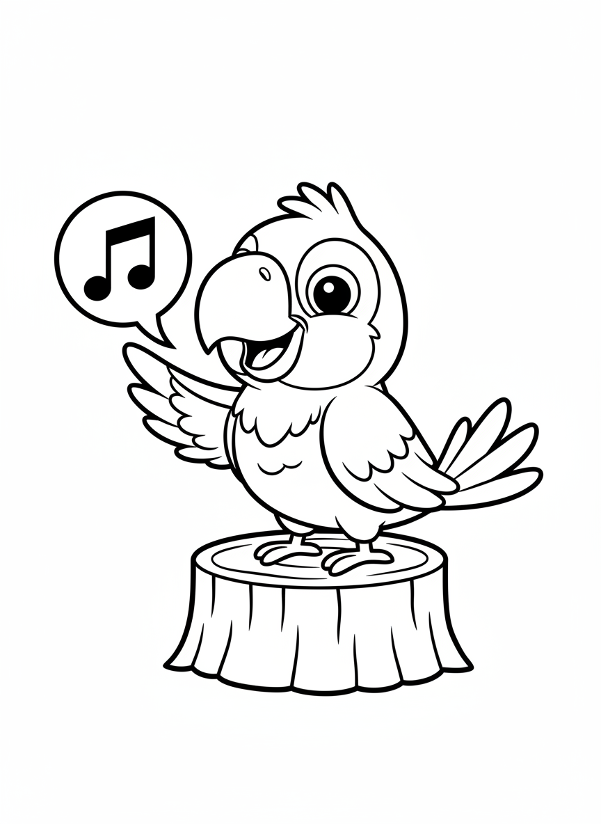 Smiling Parrot with Music Note Coloring Page