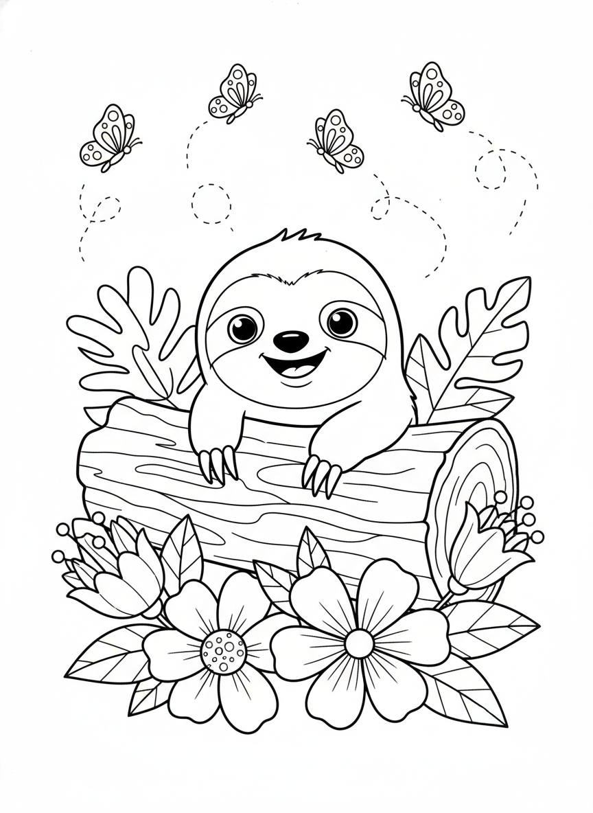 Smiling Sloth in Log Coloring Page for Kids