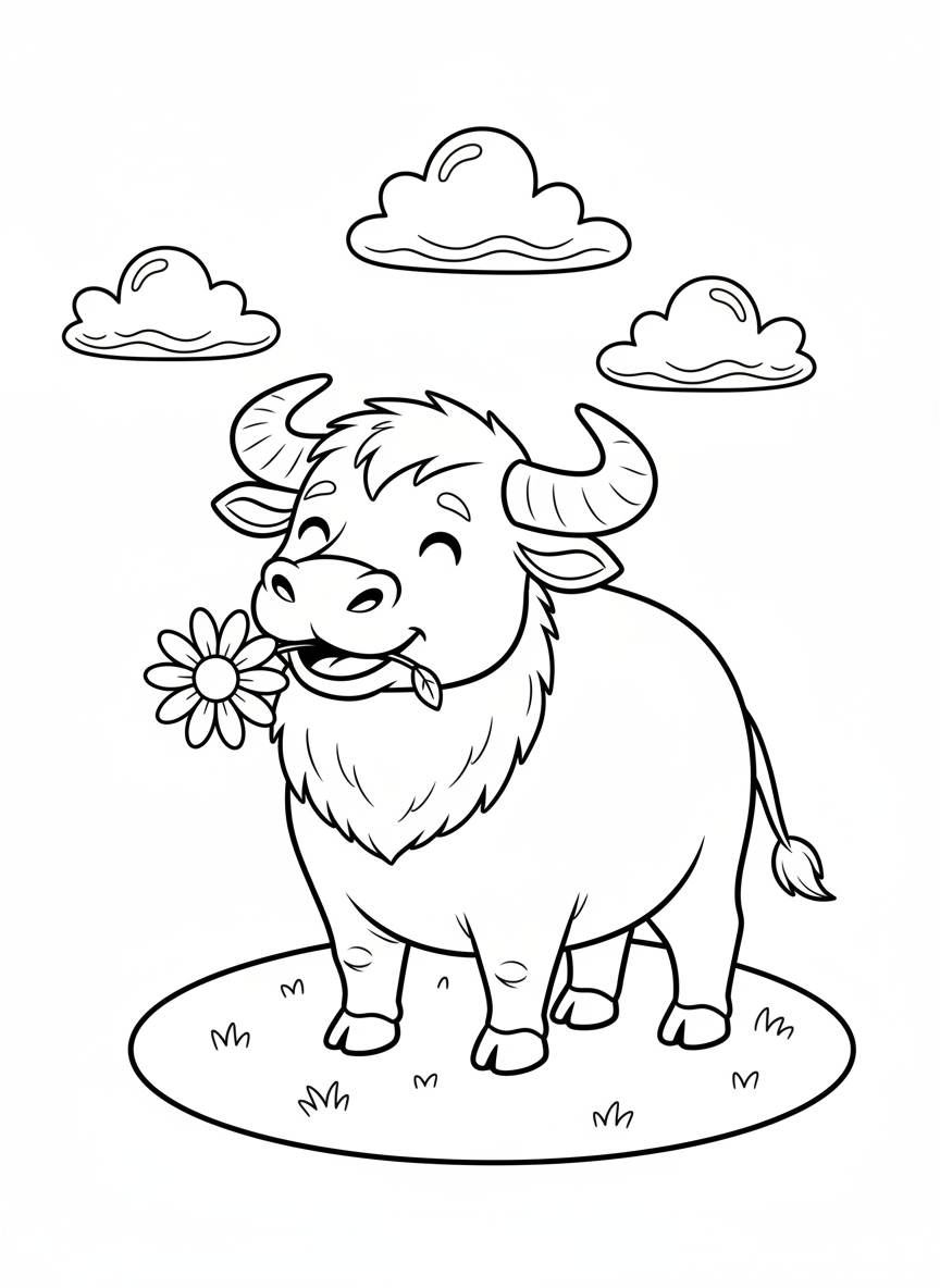 Smiling Water Buffalo with Daisy Coloring Page