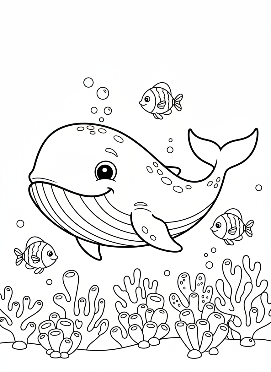Smiling Whale in Coral Reef Coloring Page