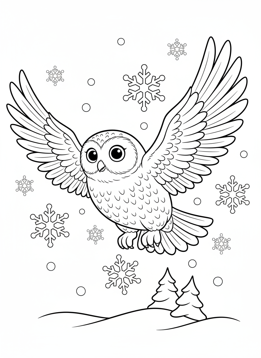 Soaring Snow Owl & Snowflakes Coloring Page