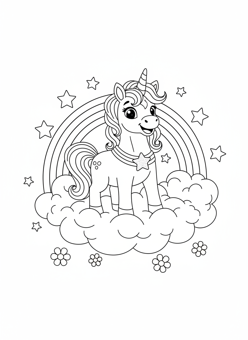 Sparkly Unicorn on a Cloud Coloring Page