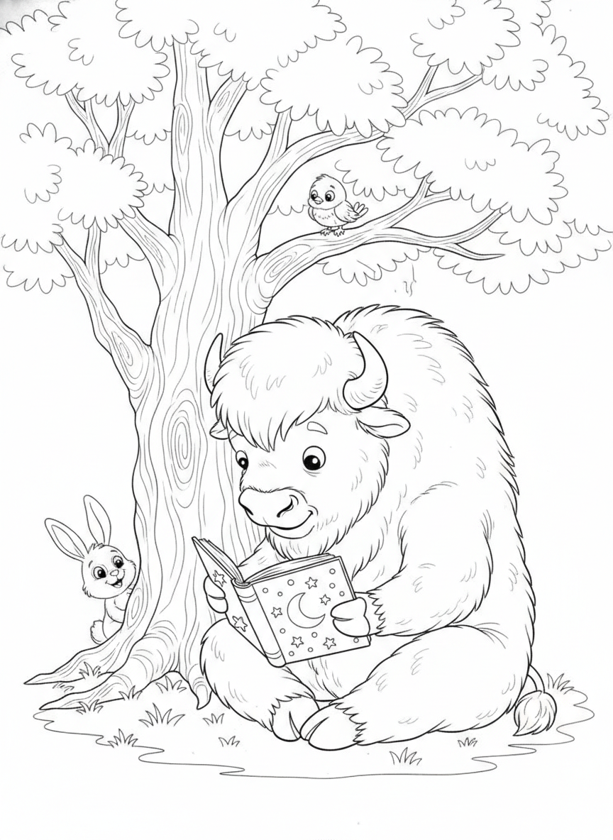 Studious Bison Reading Under Oak Tree: A Detailed Coloring Page for Kids