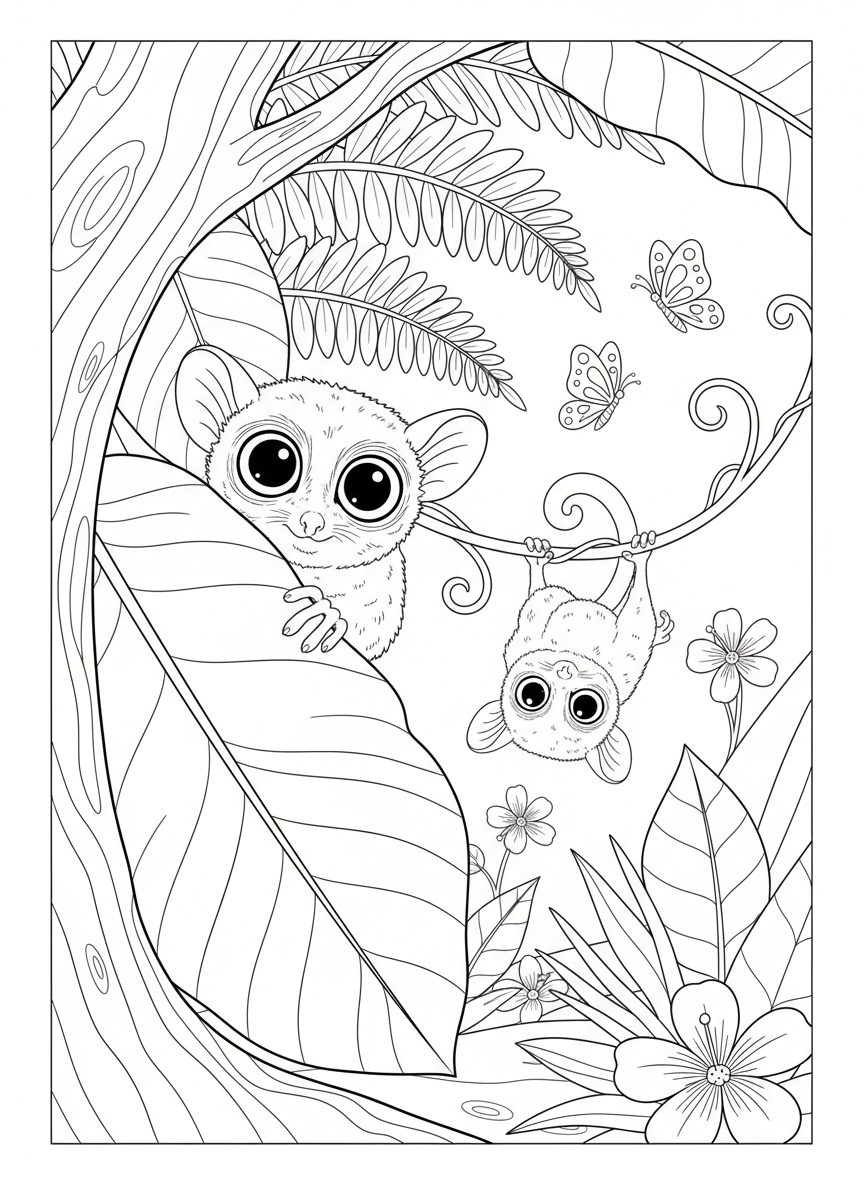 Tarsier Family Forest Nook Coloring Page