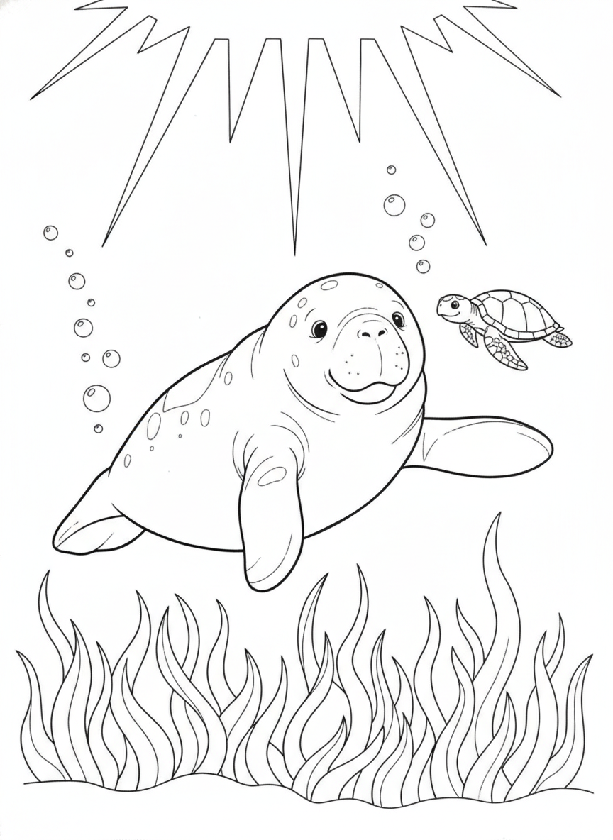 Tranquil Manatee & Sea Turtle in Sunny Lagoon Coloring Page for Kids