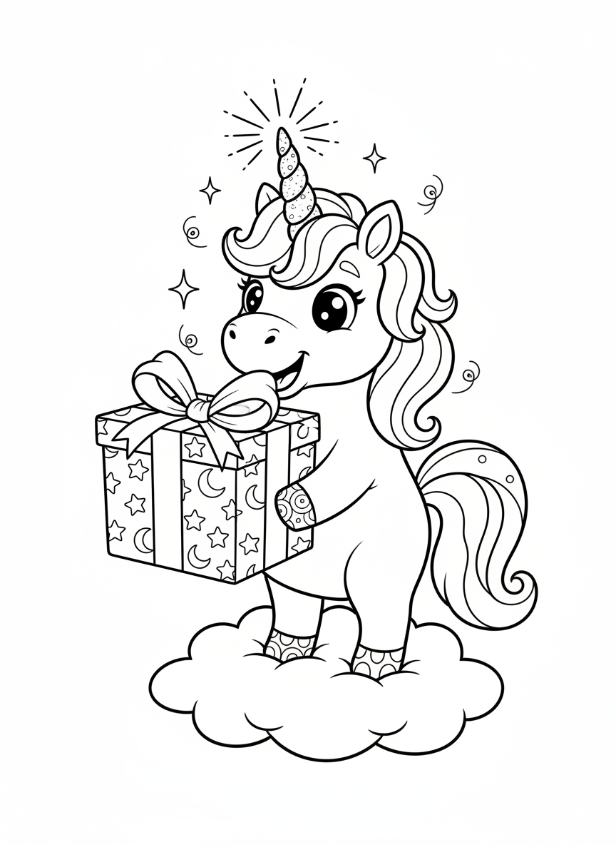 Unicorn Gift Coloring Page for Kids