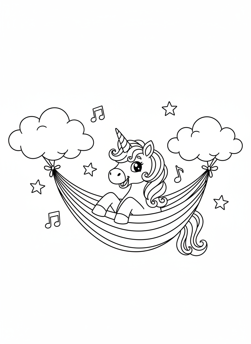 Unicorn in Rainbow Hammock Coloring Page
