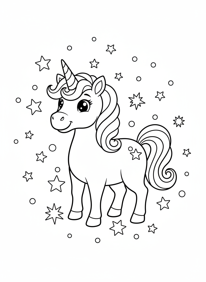 Unicorn & Star Confetti Coloring Page for Kids