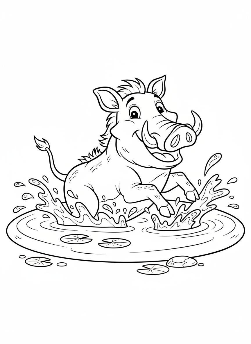 Warthog Mud Puddle Fun Coloring Page