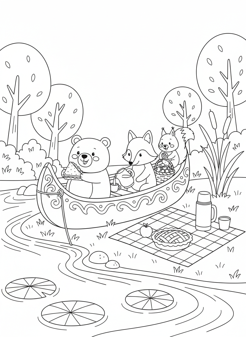 Whimsical Animal Canoe Picnic Coloring Page