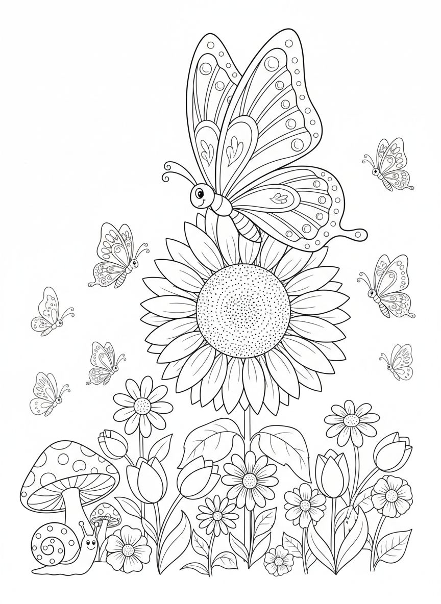 Whimsical Butterfly Garden Coloring Page for Kids
