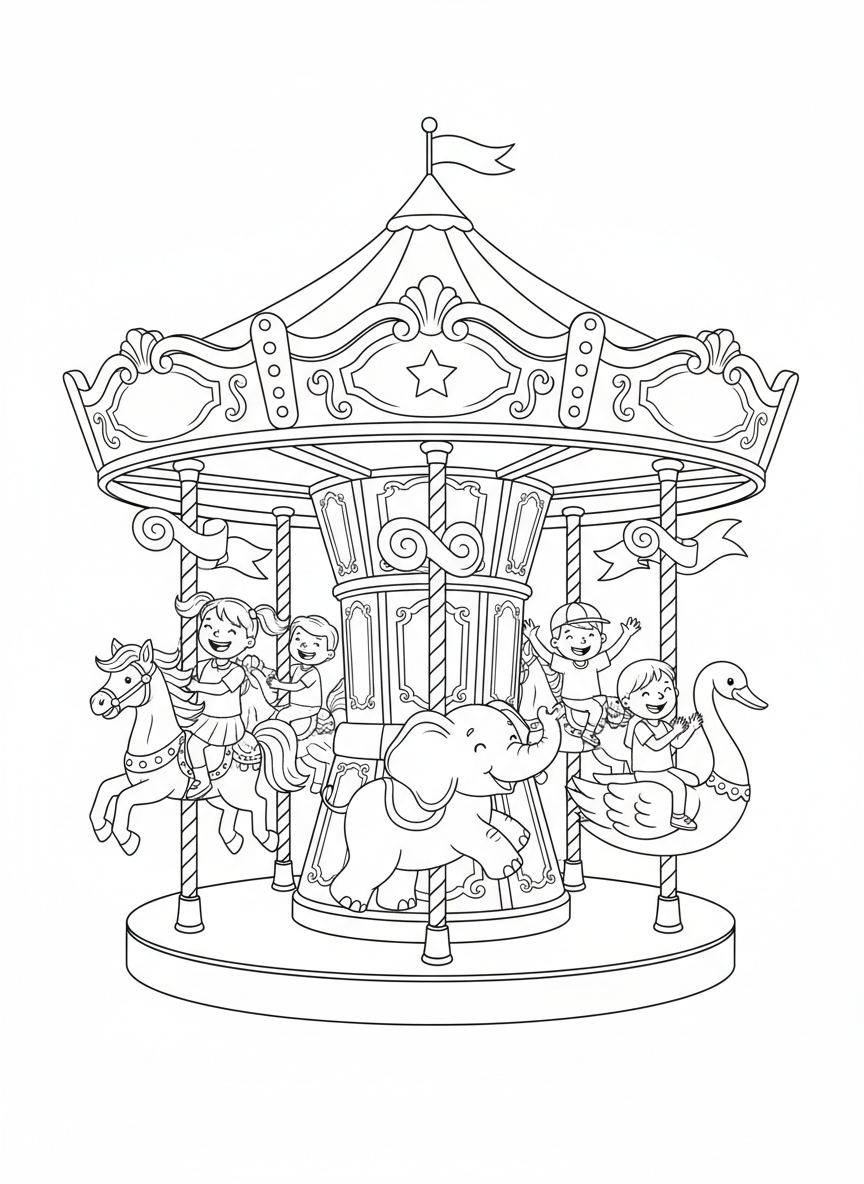 Whimsical Carousel Adventure Coloring Page for Kids