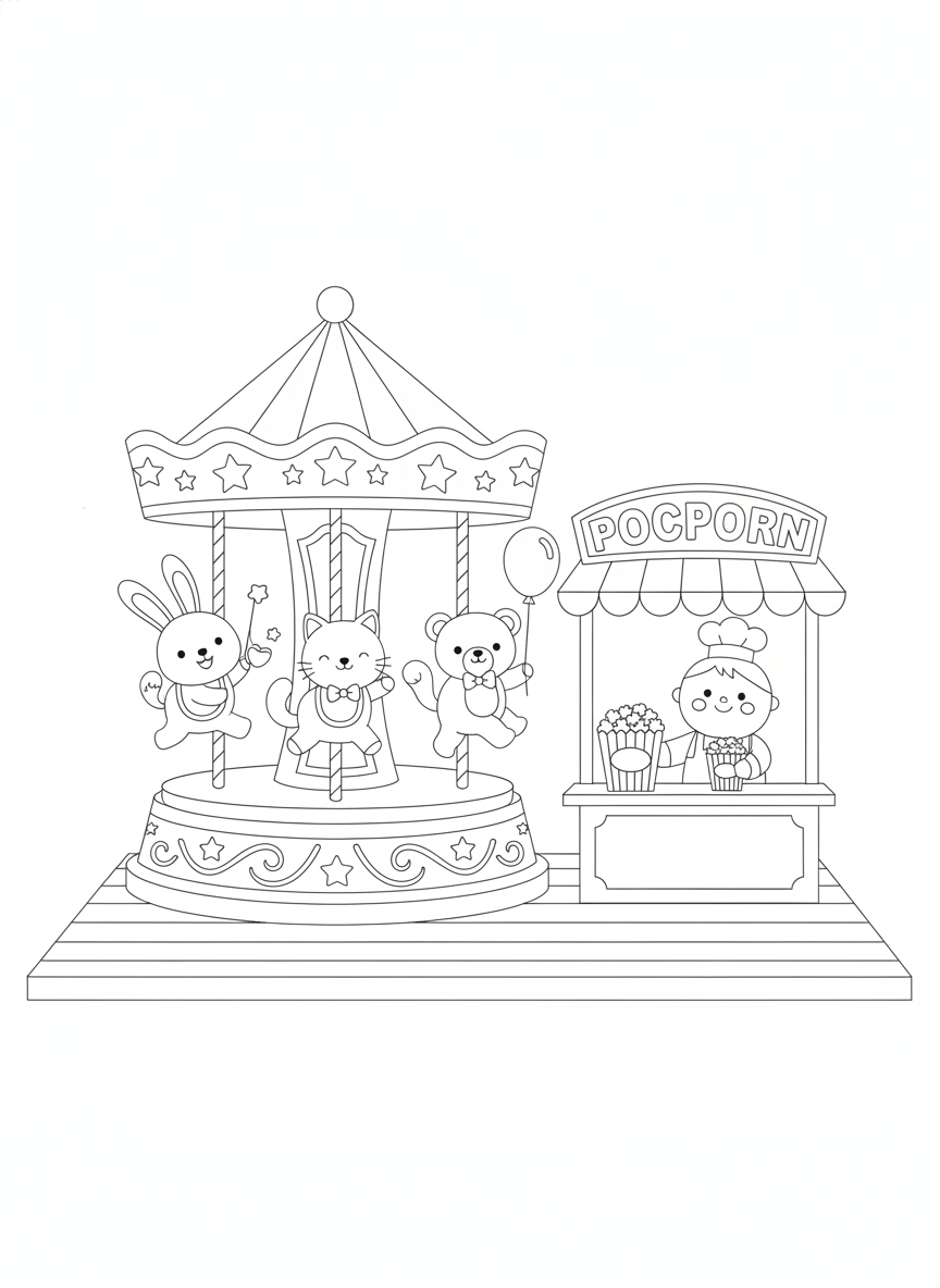 Whimsical Carousel & Popcorn Stand Coloring Page for Kids