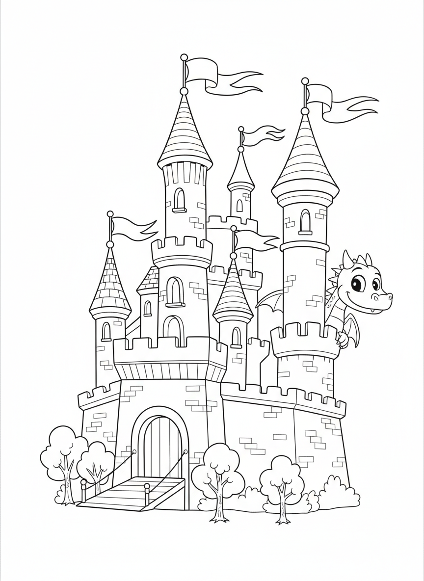 Whimsical Castle & Friendly Dragon Coloring Page for Kids