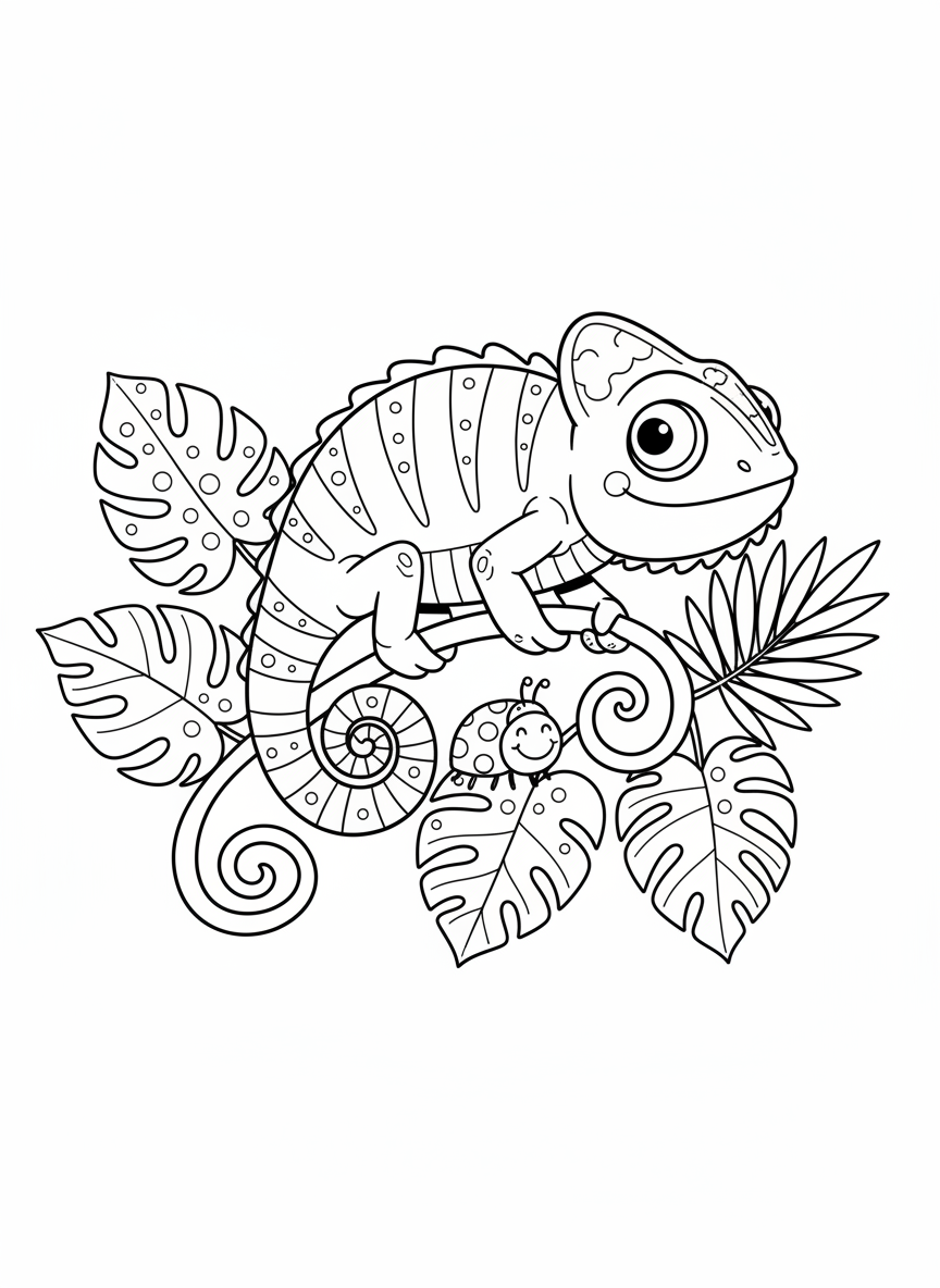 Whimsical Chameleon & Ladybug Coloring Page