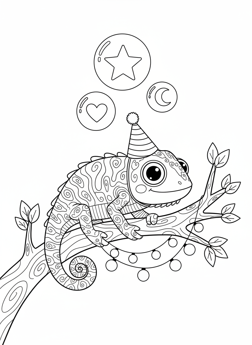 Whimsical Chameleon Party Coloring Page