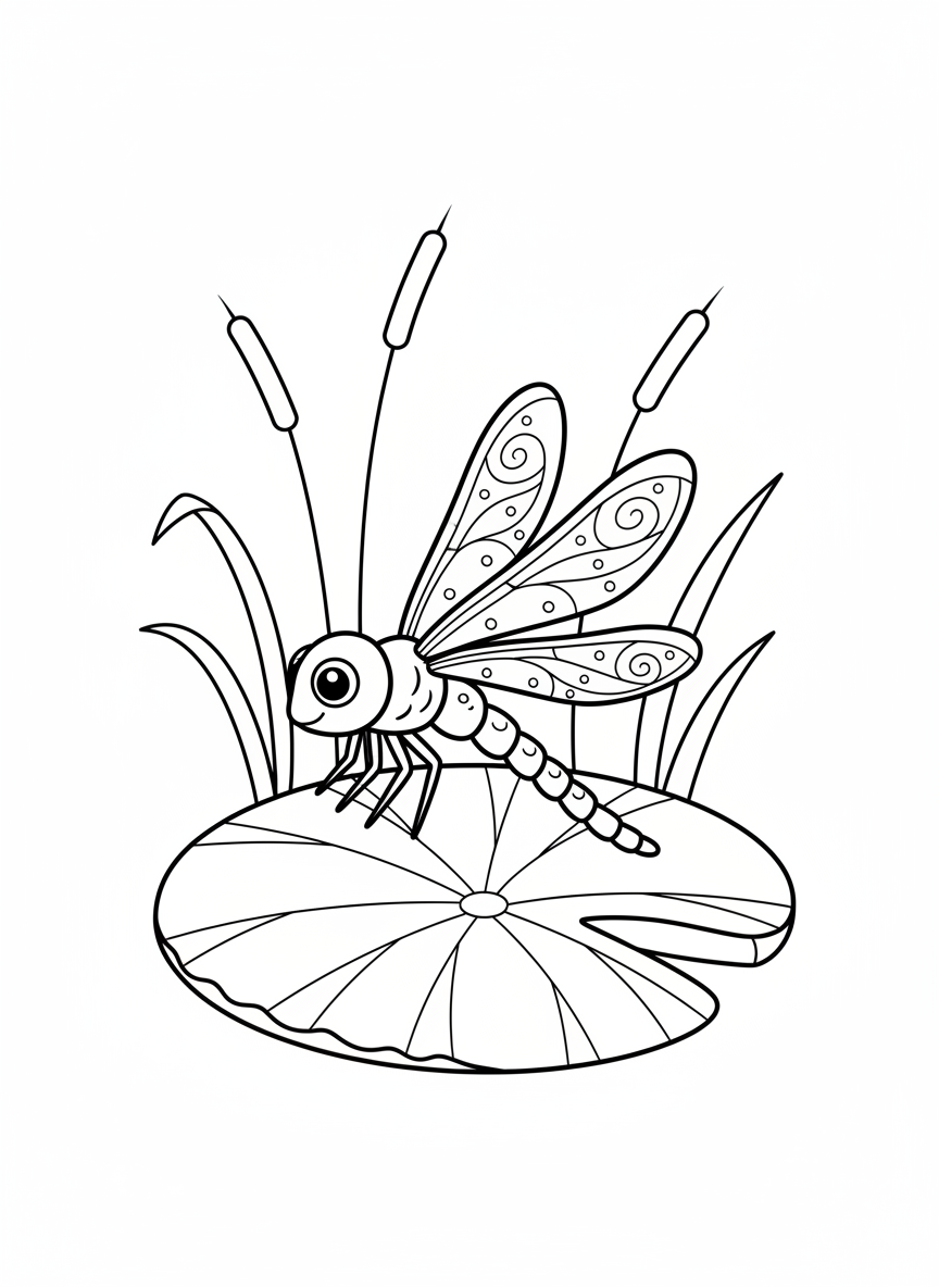 Whimsical Dragonfly on Lily Pad Coloring Page for Kids