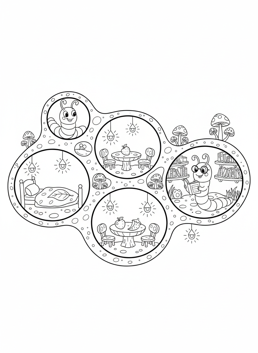 Whimsical Earthworm House Coloring Page