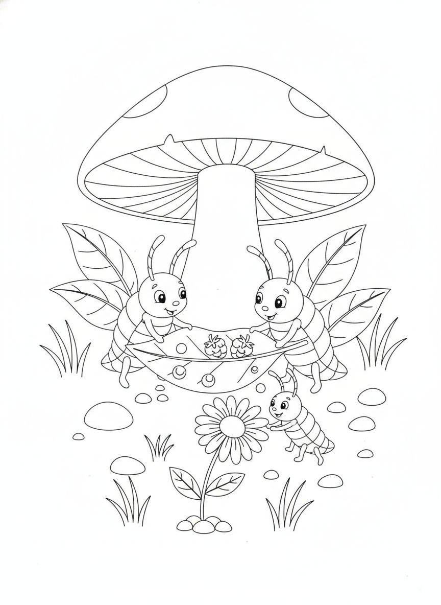 Whimsical Earwig Family Picnic Coloring Page for Kids