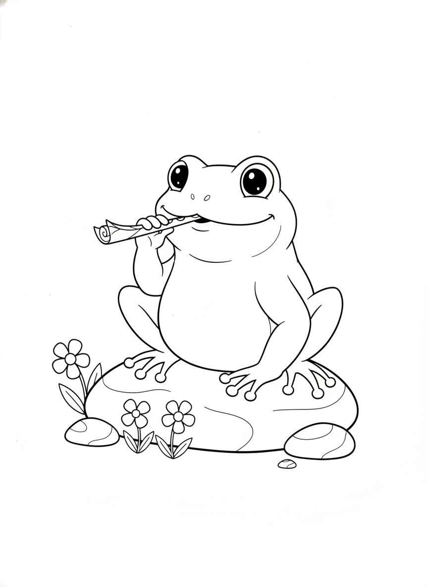 Whimsical Flute-Playing Toad Coloring Page for Kids