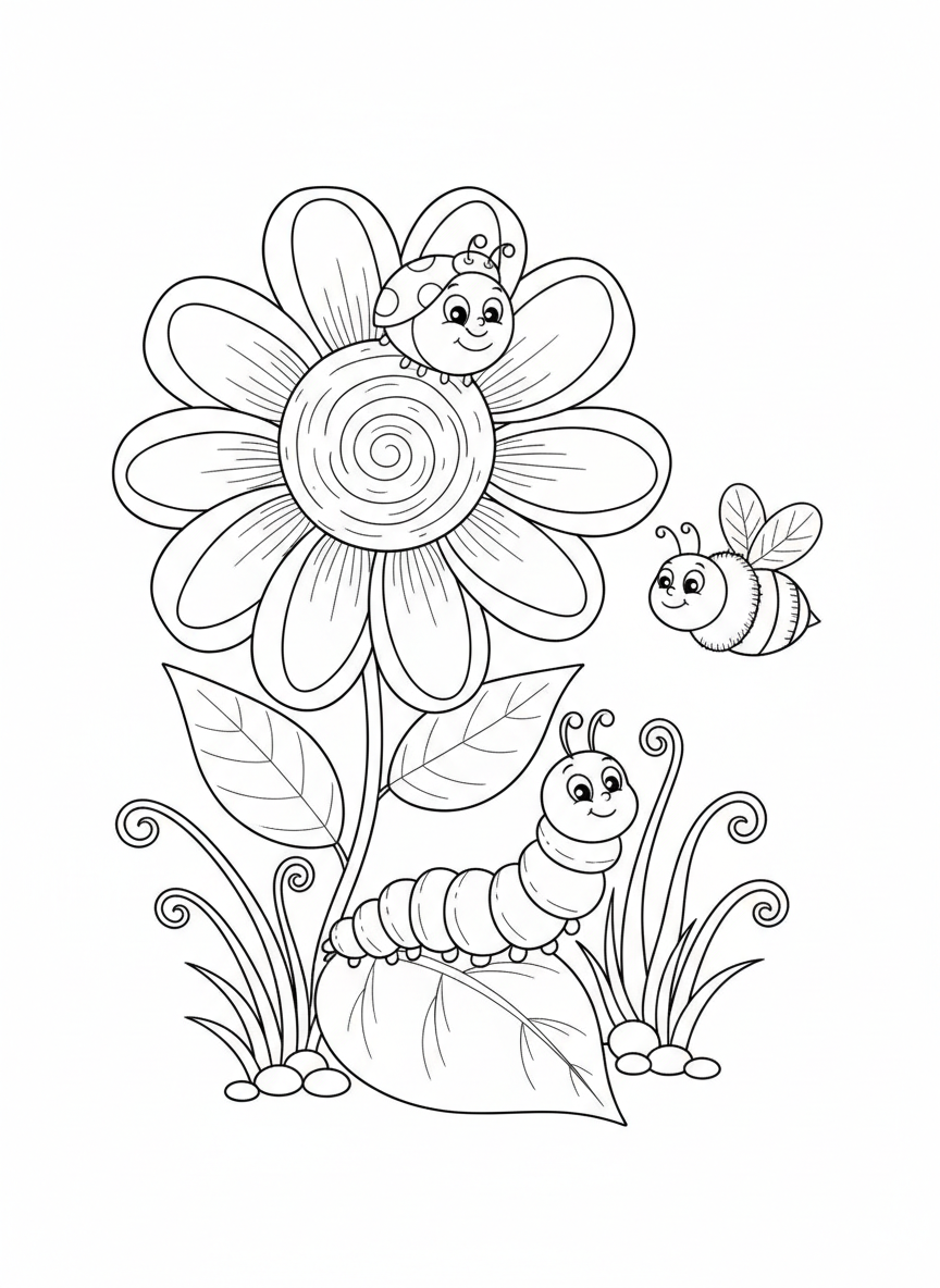 Whimsical Garden Friends Coloring Page
