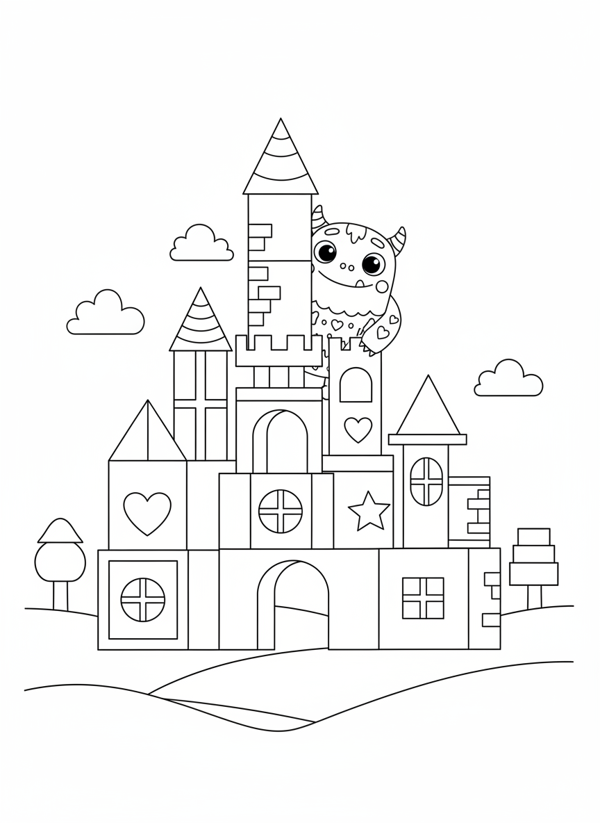 Whimsical Geometric Castle & Cute Monster Kids Coloring Page