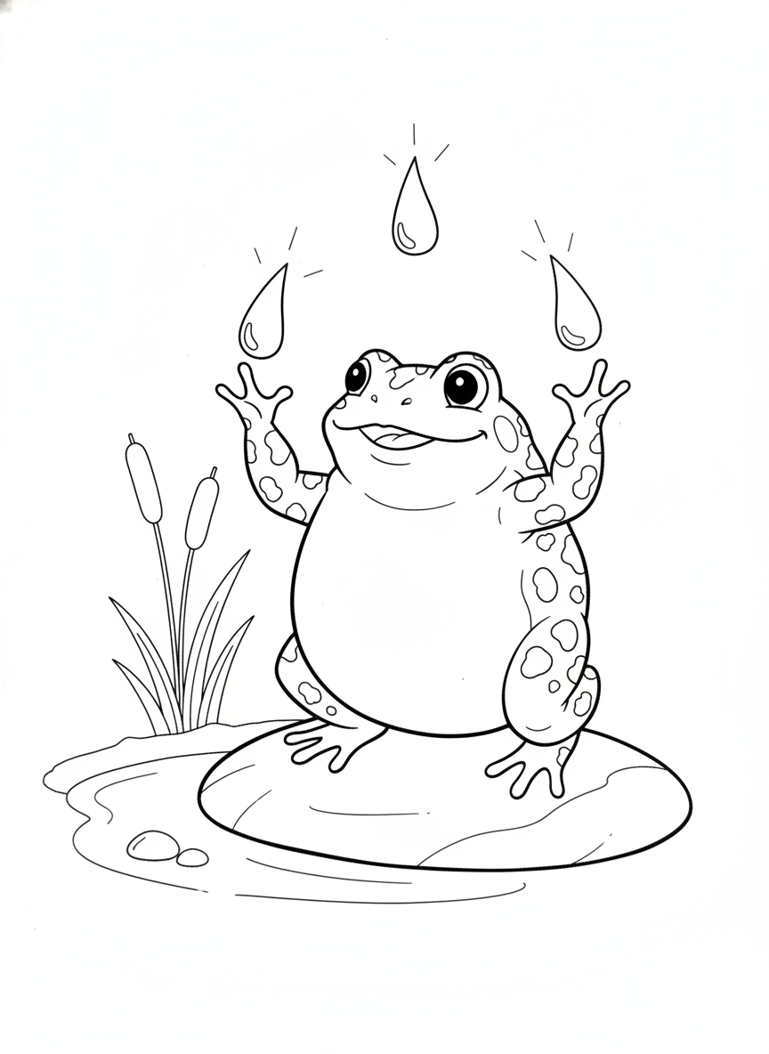 Whimsical Juggling Toad by the Pond Coloring Page for Kids