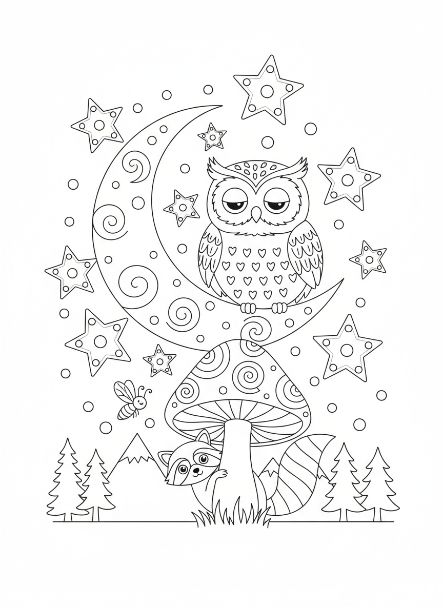 Whimsical Night Zoo Coloring Page for Kids
