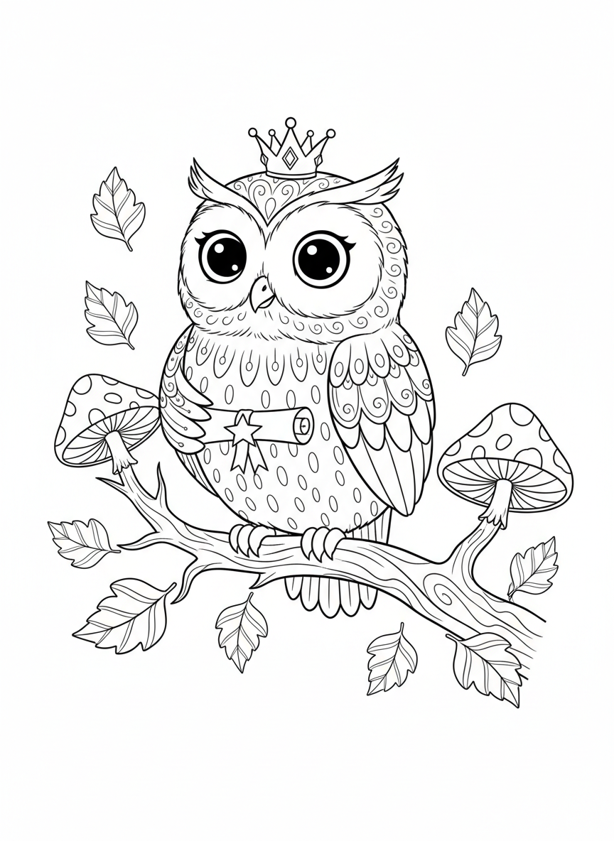 Whimsical Owl with Crown & Scroll Coloring Page for Kids