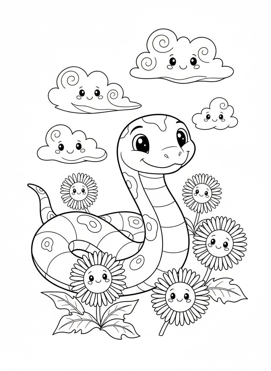 Whimsical Rainbow Snake in Dandelions Coloring Page