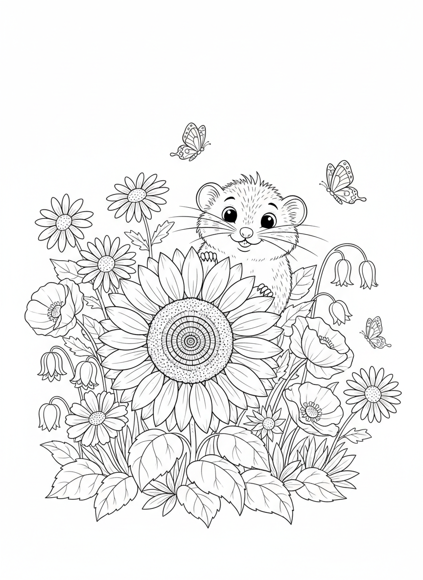 Whimsical Shrew & Sunflower Coloring Page