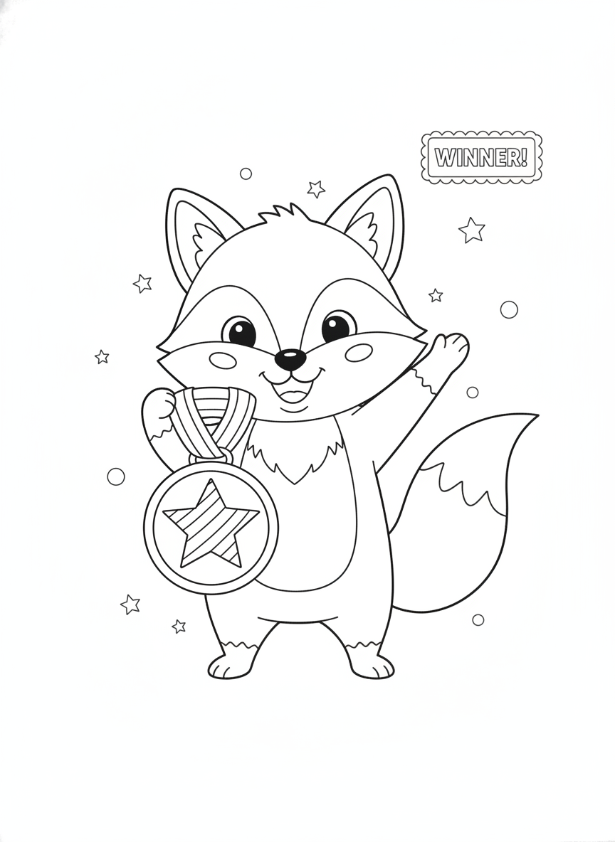 Winning Fox Coloring Page: Star Medal & Celebration!