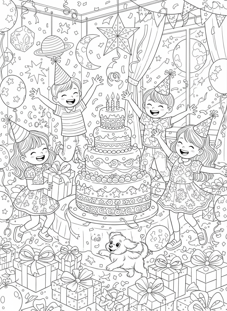 Joyful Birthday Party Celebration: Detailed Coloring Page for Kids 8-10