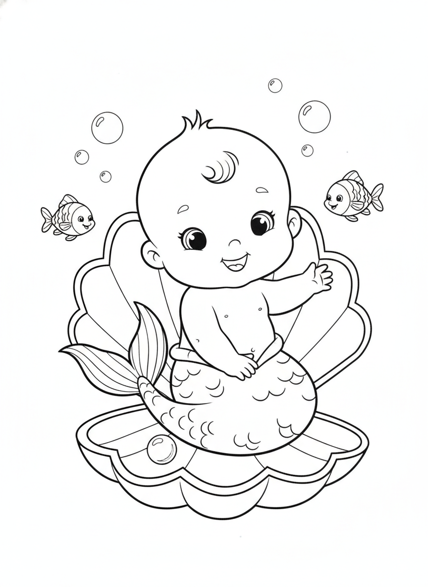 Adorable Baby Mermaid on a Clam Shell Coloring Page for Kids