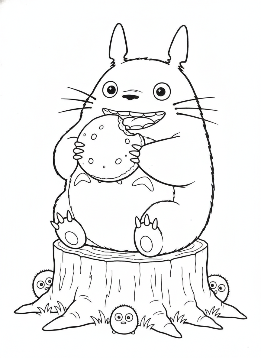 Adorable Totoro Enjoying a Cookie: Fun Coloring Page with Soot Sprites