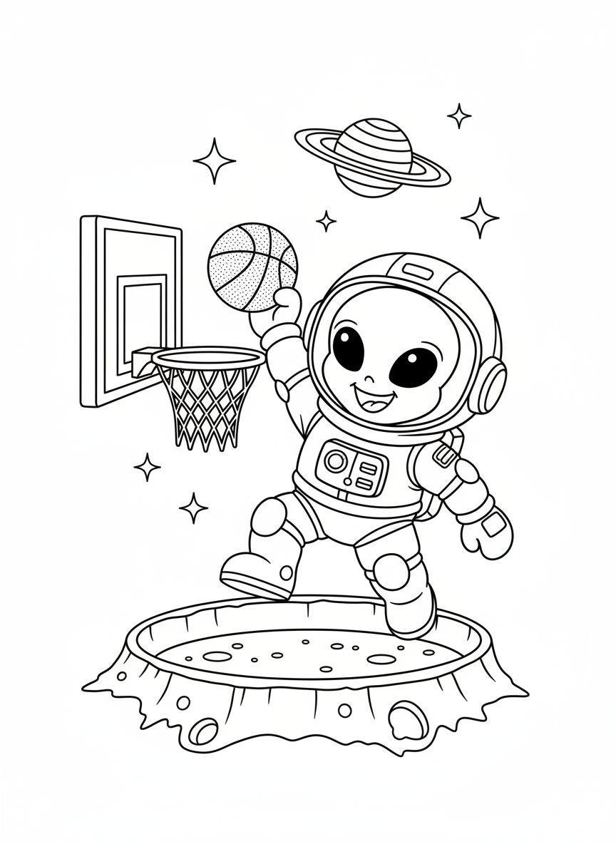 Alien Slam Dunk in Space Coloring Page