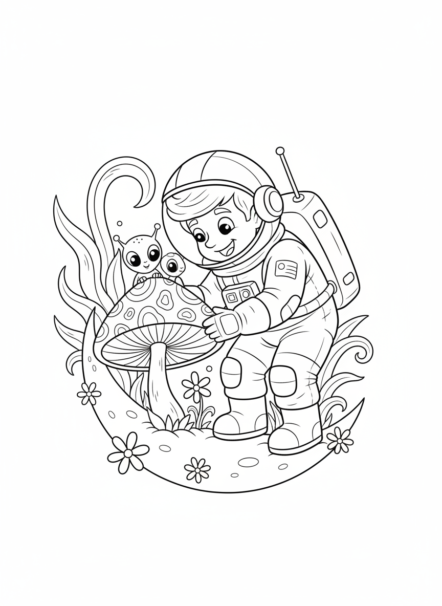 Astronaut Exploring Whimsical Alien Garden on Crescent Moon