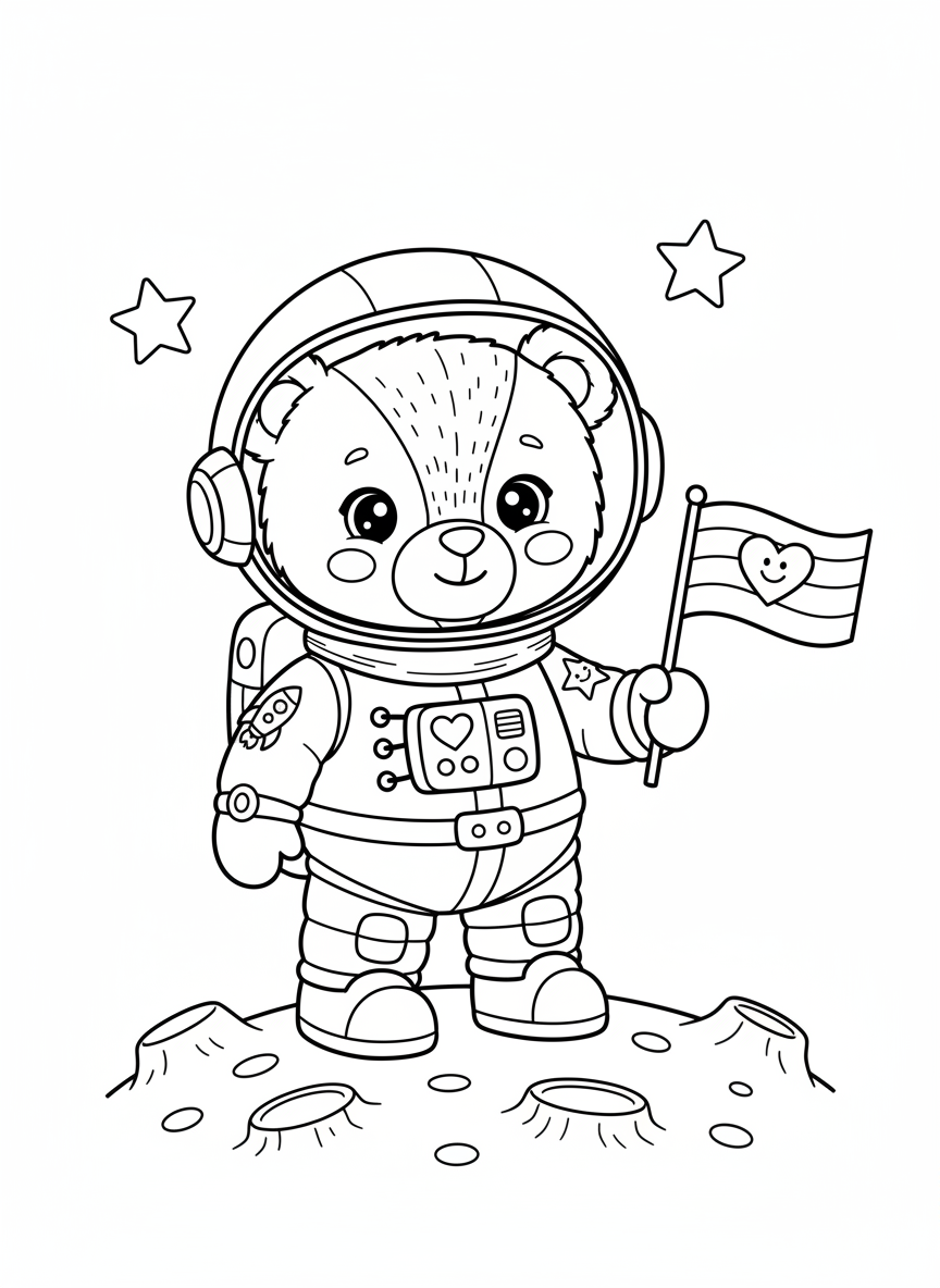Astronaut Teddy Bear on Moon Coloring Page