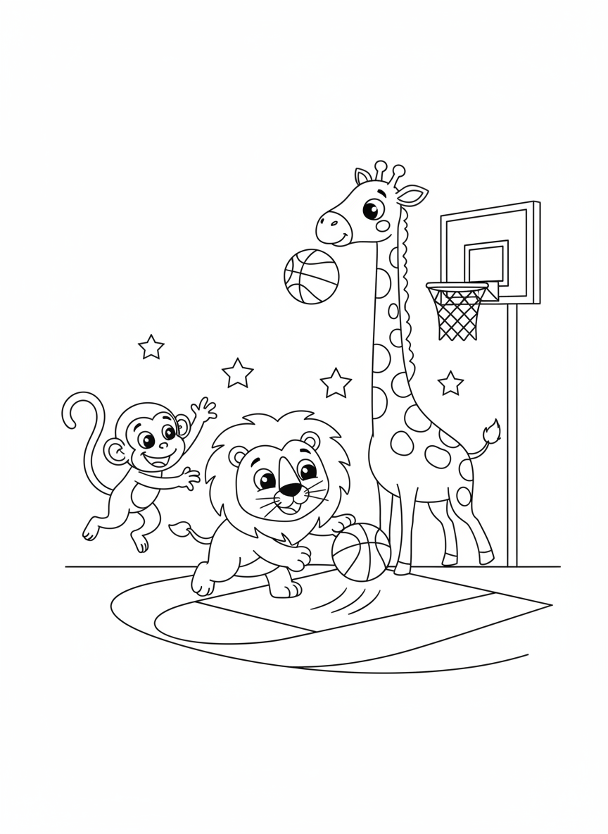 Basketball Fun with Animal Friends Coloring Page