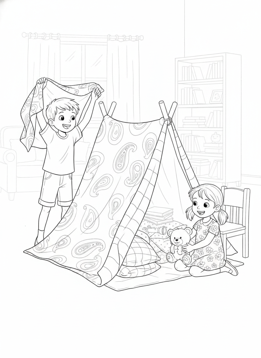 Blanket Fort Adventure: Kids' Creative Play Coloring Page