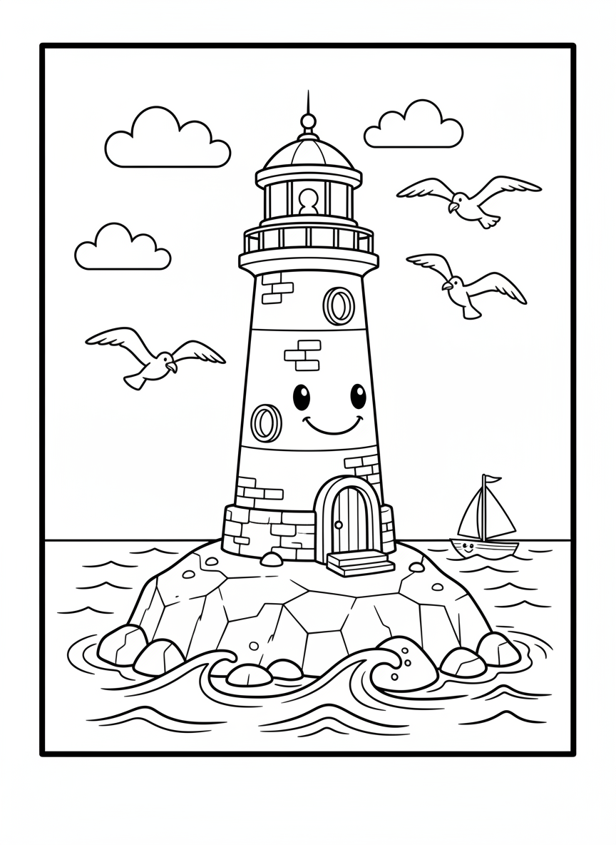 Charming Lighthouse & Sailboat Coloring Page
