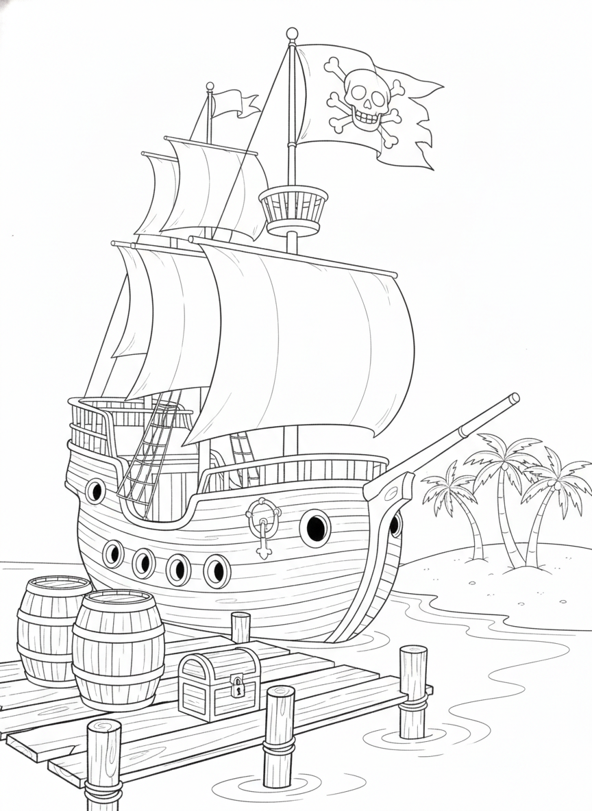 Charming Pirate Ship at Secret Cove Coloring Page for Kids