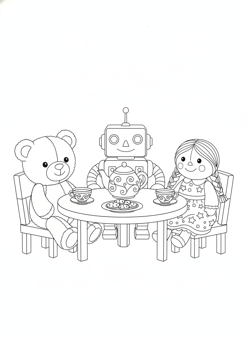 Charming Tea Party with Toy Friends: A Fun Coloring Page for Kids